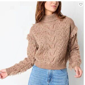 A.N.A Women L Mock Neck Long Sleeve Cable Knit Fringe Pullover Sweater Boho West